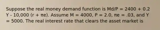 Suppose the real money demand function is Md/P = 2400 + 0.2 Y - 10,000 (r + πe). Assume M = 4000, P = 2.0, πe = .03, and Y = 5000. The real interest rate that clears the asset market is