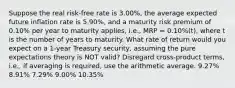 Suppose the real risk-free rate is 3.00%, the average expected future inflation rate is 5.90%, and a maturity risk premium of 0.10% per year to maturity applies, i.e., MRP = 0.10%(t), where t is the number of years to maturity. What rate of return would you expect on a 1-year Treasury security, assuming the pure expectations theory is NOT valid? Disregard cross-product terms, i.e., if averaging is required, use the arithmetic average. 9.27% 8.91% 7.29% 9.00% 10.35%