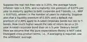 Suppose the real risk-free rate is 3.25%, the average future inflation rate is 4.35%, and a maturity risk premium of 0.07% per year to maturity applies to both corporate and T-bonds, i.e., MRP = 0.07%(t), where t is the number of years to maturity. Suppose also that a liquidity premium of 0.50% and a default risk premium of 2.40% apply to A-rated corporate bonds but not to T-bonds. How much higher would the rate of return be on a 10-year A-rated corporate bond than on a 5-year Treasury bond? Here we assume that the pure expectations theory is NOT valid. Disregard cross-product terms, i.e., if averaging is required, use the arithmetic average.