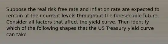 Suppose the real risk-free rate and inflation rate are expected to remain at their current levels throughout the foreseeable future. Consider all factors that affect the yield curve. Then identify which of the following shapes that the US Treasury yield curve can take