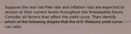 Suppose the real risk-free rate and inflation rate are expected to remain at their current levels throughout the foreseeable future. Consider all factors that affect the yield curve. Then identify which of the following shapes that the U.S. Treasury yield curve can take.