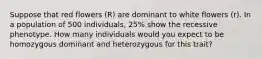 Suppose that red flowers (R) are dominant to white flowers (r). In a population of 500 individuals, 25% show the recessive phenotype. How many individuals would you expect to be homozygous dominant and heterozygous for this trait?
