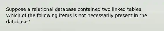 Suppose a relational database contained two linked tables. Which of the following items is not necessarily present in the database?