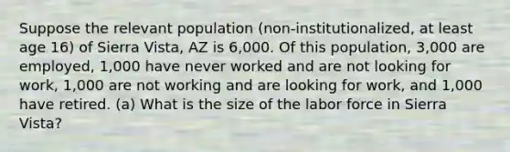 Suppose the relevant population (non-institutionalized, at least age 16) of Sierra Vista, AZ is 6,000. Of this population, 3,000 are employed, 1,000 have never worked and are not looking for work, 1,000 are not working and are looking for work, and 1,000 have retired. (a) What is the size of the labor force in Sierra Vista?