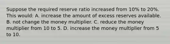 Suppose the required reserve ratio increased from 10% to 20%. This would: A. increase the amount of excess reserves available. B. not change the money multiplier. C. reduce the money multiplier from 10 to 5. D. increase the money multiplier from 5 to 10.