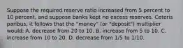 Suppose the required reserve ratio increased from 5 percent to 10 percent, and suppose banks kept no excess reserves. Ceteris paribus, it follows that the "money" (or "deposit") multiplier would: A. decrease from 20 to 10. B. increase from 5 to 10. C. increase from 10 to 20. D. decrease from 1/5 to 1/10.