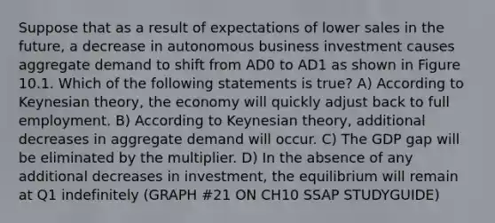 Suppose that as a result of expectations of lower sales in the future, a decrease in autonomous business investment causes aggregate demand to shift from AD0 to AD1 as shown in Figure 10.1. Which of the following statements is true? A) According to Keynesian theory, the economy will quickly adjust back to full employment. B) According to Keynesian theory, additional decreases in aggregate demand will occur. C) The GDP gap will be eliminated by the multiplier. D) In the absence of any additional decreases in investment, the equilibrium will remain at Q1 indefinitely (GRAPH #21 ON CH10 SSAP STUDYGUIDE)