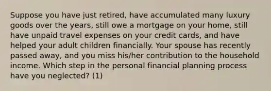 Suppose you have just retired, have accumulated many luxury goods over the years, still owe a mortgage on your home, still have unpaid travel expenses on your credit cards, and have helped your adult children financially. Your spouse has recently passed away, and you miss his/her contribution to the household income. Which step in the personal financial planning process have you neglected? (1)