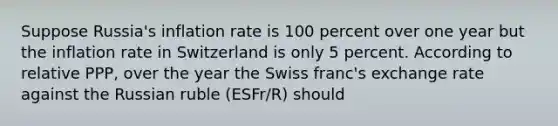 Suppose​ Russia's inflation rate is 100 percent over one year but the inflation rate in Switzerland is only 5 percent. According to relative​ PPP, over the year the Swiss​ franc's exchange rate against the Russian ruble ​(ESFr/R​) should