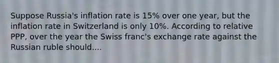 Suppose Russia's inflation rate is 15% over one year, but the inflation rate in Switzerland is only 10%. According to relative PPP, over the year the Swiss franc's exchange rate against the Russian ruble should....