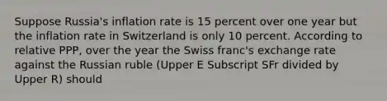 Suppose​ Russia's inflation rate is 15 percent over one year but the inflation rate in Switzerland is only 10 percent. According to relative​ PPP, over the year the Swiss​ franc's exchange rate against the Russian ruble ​(Upper E Subscript SFr divided by Upper R​) should