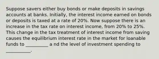 Suppose savers either buy bonds or make deposits in savings accounts at banks. Initially, the interest income earned on bonds or deposits is taxed at a rate of 20%. Now suppose there is an increase in the tax rate on interest income, from 20% to 25%. This change in the tax treatment of interest income from saving causes the equilibrium interest rate in the market for loanable funds to __________ a nd the level of investment spending to ___________.