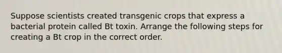 Suppose scientists created transgenic crops that express a bacterial protein called Bt toxin. Arrange the following steps for creating a Bt crop in the correct order.