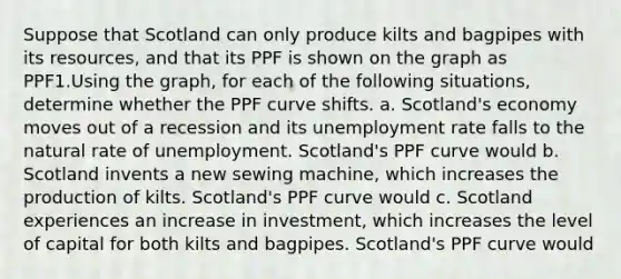 Suppose that Scotland can only produce kilts and bagpipes with its resources, and that its PPF is shown on the graph as PPF1.Using the graph, for each of the following situations, determine whether the PPF curve shifts. a. Scotland's economy moves out of a recession and its unemployment rate falls to the natural rate of unemployment. Scotland's PPF curve would b. Scotland invents a new sewing machine, which increases the production of kilts. Scotland's PPF curve would c. Scotland experiences an increase in investment, which increases the level of capital for both kilts and bagpipes. Scotland's PPF curve would