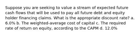 Suppose you are seeking to value a stream of expected future cash flows that will be used to pay all future debt and equity holder financing claims. What is the appropriate discount rate? a. 6.0% b. The weighted-average cost of capital c. The required rate of return on equity, according to the CAPM d. 12.0%