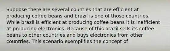 Suppose there are several counties that are efficient at producing coffee beans and brazil is one of those countries. While brazil is efficient at producing coffee beans it is inefficient at producing electronics. Because of this brazil sells its coffee beans to other countries and buys electronics from other countries. This scenario exemplifies the concept of