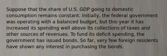 Suppose that the share of U.S. GDP going to domestic consumption remains constant.​ Initially, the federal government was operating with a balanced​ budget, but this year it has increased its spending well above its collections of taxes and other sources of revenues. To fund its deficit​ spending, the government has issued bonds. So​ far, very few foreign residents have shown any interest in purchasing the bonds.