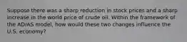 Suppose there was a sharp reduction in stock prices and a sharp increase in the world price of crude oil. Within the framework of the AD/AS model, how would these two changes influence the U.S. economy?