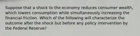 Suppose that a shock to the economy reduces consumer wealth, which lowers consumption while simultaneously increasing the financial friction. Which of the following will characterize the outcome after the shock but before any policy intervention by the Federal Reserve?