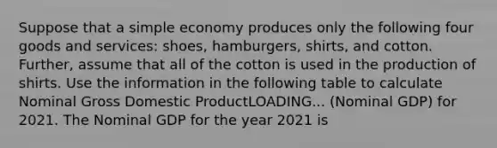 Suppose that a simple economy produces only the following four goods and​ services: shoes,​ hamburgers, shirts, and cotton. ​ Further, assume that all of the cotton is used in the production of shirts. Use the information in the following table to calculate Nominal Gross Domestic ProductLOADING... ​(Nominal GDP) for 2021. The Nominal GDP for the year 2021 is