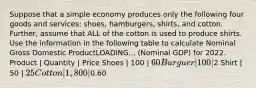 Suppose that a simple economy produces only the following four goods and​ services: shoes,​ hamburgers, shirts, and cotton. ​ Further, assume that ALL of the cotton is used to produce shirts. Use the information in the following table to calculate Nominal Gross Domestic ProductLOADING... ​(Nominal GDP) for 2022. Product | Quantity | Price Shoes | 100 | 60 Burguer | 100 |2 Shirt | 50 | 25 Cotton | 1,800 |0.60