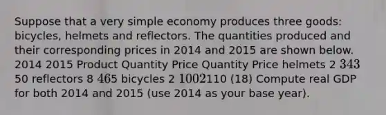 Suppose that a very simple economy produces three goods: bicycles, helmets and reflectors. The quantities produced and their corresponding prices in 2014 and 2015 are shown below. 2014 2015 Product Quantity Price Quantity Price helmets 2 34 350 reflectors 8 4 65 bicycles 2 100 2110 (18) Compute real GDP for both 2014 and 2015 (use 2014 as your base year).