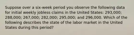 Suppose over a six-week period you observe the following data for initial weekly jobless claims in the United States: 293,000; 288,000; 267,000; 282,000; 295,000; and 296,000. Which of the following describes the state of the labor market in the United States during this period?