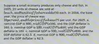 Suppose a small economy produces only cheese and fish. In 2005, 20 units of cheese are sold at 5 each, and 8 units of fish are sold at50 each. In 2004, the base year, the price of cheese was 10 per unit, and the price of fish was75 per unit. For 2005, a. nominal GDP is 800, real GDP is500, and the GDP deflator is 160. b. nominal GDP is 500, real GDP is800, and the GDP deflator is 160. c. nominal GDP is 500, real GDP is800, and the GDP deflator is 62.5. d. nominal GDP is 800, real GDP is500, and the GDP deflator is 62.5.