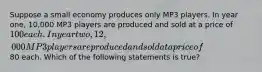 Suppose a small economy produces only MP3 players. In year one, 10,000 MP3 players are produced and sold at a price of 100 each. In year two, 12,000 MP3 players are produced and sold at a price of80 each. Which of the following statements is true?