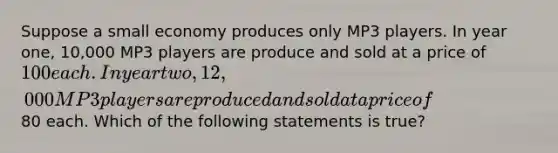 Suppose a small economy produces only MP3 players. In year one, 10,000 MP3 players are produce and sold at a price of 100 each. In year two, 12,000 MP3 players are produced and sold at a price of80 each. Which of the following statements is true?