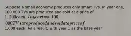 Suppose a small economy produces only smart TVs. In year one, 100,000 TVs are produced and sold at a price of 1,200 each. In year two, 100,000 TVs are produced and sold at a price of1,000 each. As a result, with year 1 as the base year