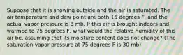 Suppose that it is snowing outside and the air is saturated. The air temperature and dew point are both 15 degrees F, and the actual vapor pressure is 3 mb. If this air is brought indoors and warmed to 75 degrees F, what would the relative humidity of this air be, assuming that its moisture content does not change? (The saturation vapor pressure at 75 degrees F is 30 mb)