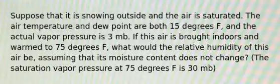 Suppose that it is snowing outside and the air is saturated. The air temperature and dew point are both 15 degrees F, and the actual vapor pressure is 3 mb. If this air is brought indoors and warmed to 75 degrees F, what would the relative humidity of this air be, assuming that its moisture content does not change? (The saturation vapor pressure at 75 degrees F is 30 mb)