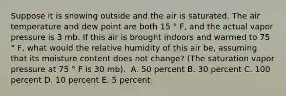 Suppose it is snowing outside and the air is saturated. The air temperature and dew point are both 15 ° F, and the actual vapor pressure is 3 mb. If this air is brought indoors and warmed to 75 ° F, what would the relative humidity of this air be, assuming that its moisture content does not change? (The saturation vapor pressure at 75 ° F is 30 mb).​ ​ A. 50 percent ​B. 30 percent ​C. 100 percent ​D. 10 percent ​E. 5 percent