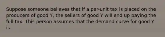 Suppose someone believes that if a per-unit tax is placed on the producers of good Y, the sellers of good Y will end up paying the full tax. This person assumes that the demand curve for good Y is