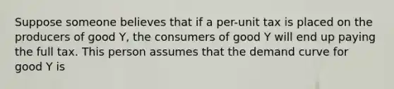 Suppose someone believes that if a per-unit tax is placed on the producers of good Y, the consumers of good Y will end up paying the full tax. This person assumes that the demand curve for good Y is