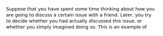 Suppose that you have spent some time thinking about how you are going to discuss a certain issue with a friend. Later, you try to decide whether you had actually discussed this issue, or whether you simply imagined doing so. This is an example of