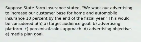 Suppose State Farm Insurance stated, "We want our advertising to increase our customer base for home and automobile insurance 10 percent by the end of the fiscal year." This would be considered a(n) a) target audience goal. b) advertising platform. c) percent-of-sales approach. d) advertising objective. e) media plan goal.