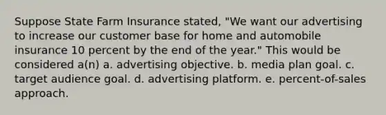 Suppose State Farm Insurance stated, "We want our advertising to increase our customer base for home and automobile insurance 10 percent by the end of the year." This would be considered a(n) a. advertising objective. b. media plan goal. c. target audience goal. d. advertising platform. e. percent-of-sales approach.