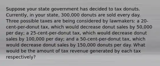 Suppose your state government has decided to tax donuts. Currently, in your state, 300,000 donuts are sold every day. Three possible taxes are being considered by lawmakers: a 20-cent-per-donut tax, which would decrease donut sales by 50,000 per day; a 25-cent-per-donut tax, which would decrease donut sales by 100,000 per day; and a 50-cent-per-donut tax, which would decrease donut sales by 150,000 donuts per day. What would be the amount of tax revenue generated by each tax respectively?