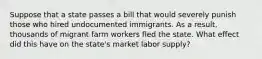 Suppose that a state passes a bill that would severely punish those who hired undocumented immigrants. As a result, thousands of migrant farm workers fled the state. What effect did this have on the state's market labor supply?