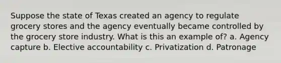 Suppose the state of Texas created an agency to regulate grocery stores and the agency eventually became controlled by the grocery store industry. What is this an example of? a. Agency capture b. Elective accountability c. Privatization d. Patronage