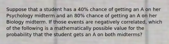 Suppose that a student has a 40% chance of getting an A on her Psychology midterm and an 80% chance of getting an A on her Biology midterm. If those events are negatively correlated, which of the following is a mathematically possible value for the probability that the student gets an A on both midterms?