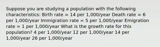 Suppose you are studying a population with the following characteristics: Birth rate = 14 per 1,000/year Death rate = 6 per 1,000/year Immigration rate = 5 per 1,000/year Emigration rate = 1 per 1,000/year What is the growth rate for this population? 4 per 1,000/year 12 per 1,000/year 14 per 1,000/year 26 per 1,000/year