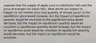 suppose that the supply of apple juice (a substitute) falls and the price of oranges (an input) falls. what would you expect to happen to the market price and quantity of orange juice? a) the equilibrium price would increase, but the impact on equilibrium quantity would be uncertain b) the equilibrium price would decrease, but the impact on equilibrium quantity would be uncertain c) equilibrium quantity would increase, but the impact on equilibrium price would be uncertain d) equilibrium quantity would decrease, but the impact on equilibrium would be uncertain