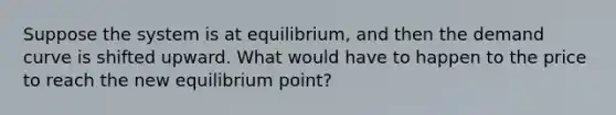 Suppose the system is at equilibrium, and then the demand curve is shifted upward. What would have to happen to the price to reach the new equilibrium point?