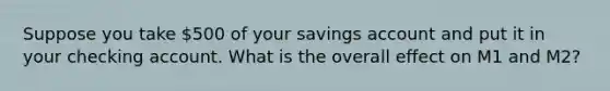 Suppose you take 500 of your savings account and put it in your checking account. What is the overall effect on M1 and M2?