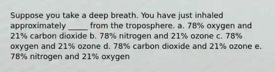 Suppose you take a deep breath. You have just inhaled approximately _____ from the troposphere. a. 78% oxygen and 21% carbon dioxide b. 78% nitrogen and 21% ozone c. 78% oxygen and 21% ozone d. 78% carbon dioxide and 21% ozone e. 78% nitrogen and 21% oxygen