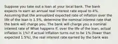 Suppose you take out a loan at your local bank. The bank expects to earn an annual real interest rate equal to 4​%. Assuming that the annualized expected rate of inflation over the life of the loan is 1.5​%, determine the nominal interest rate that the bank will charge you. The bank will charge you a nominal interest rate of What happens​ if, over the life of the​ loan, actual inflation is 1​%? If actual inflation turns out to be 1​% ​(lower than expected 1.5​%), the real interest rate earned by the bank was