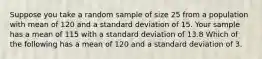 Suppose you take a random sample of size 25 from a population with mean of 120 and a standard deviation of 15. Your sample has a mean of 115 with a standard deviation of 13.8 Which of the following has a mean of 120 and a standard deviation of 3.